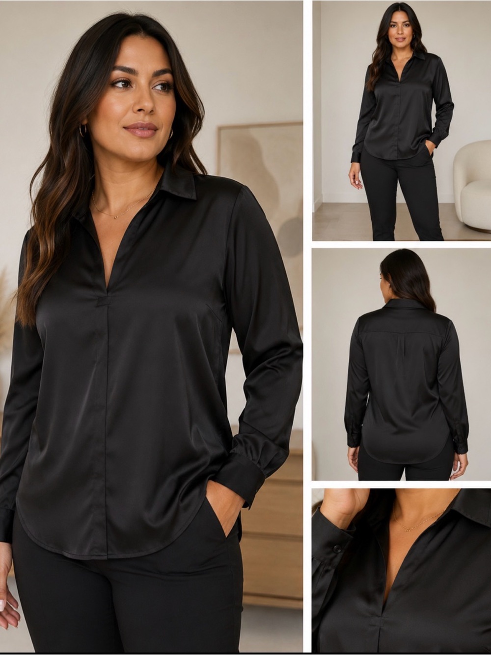 Grace Karin Black Satin V-Neck Button-Front Blouse